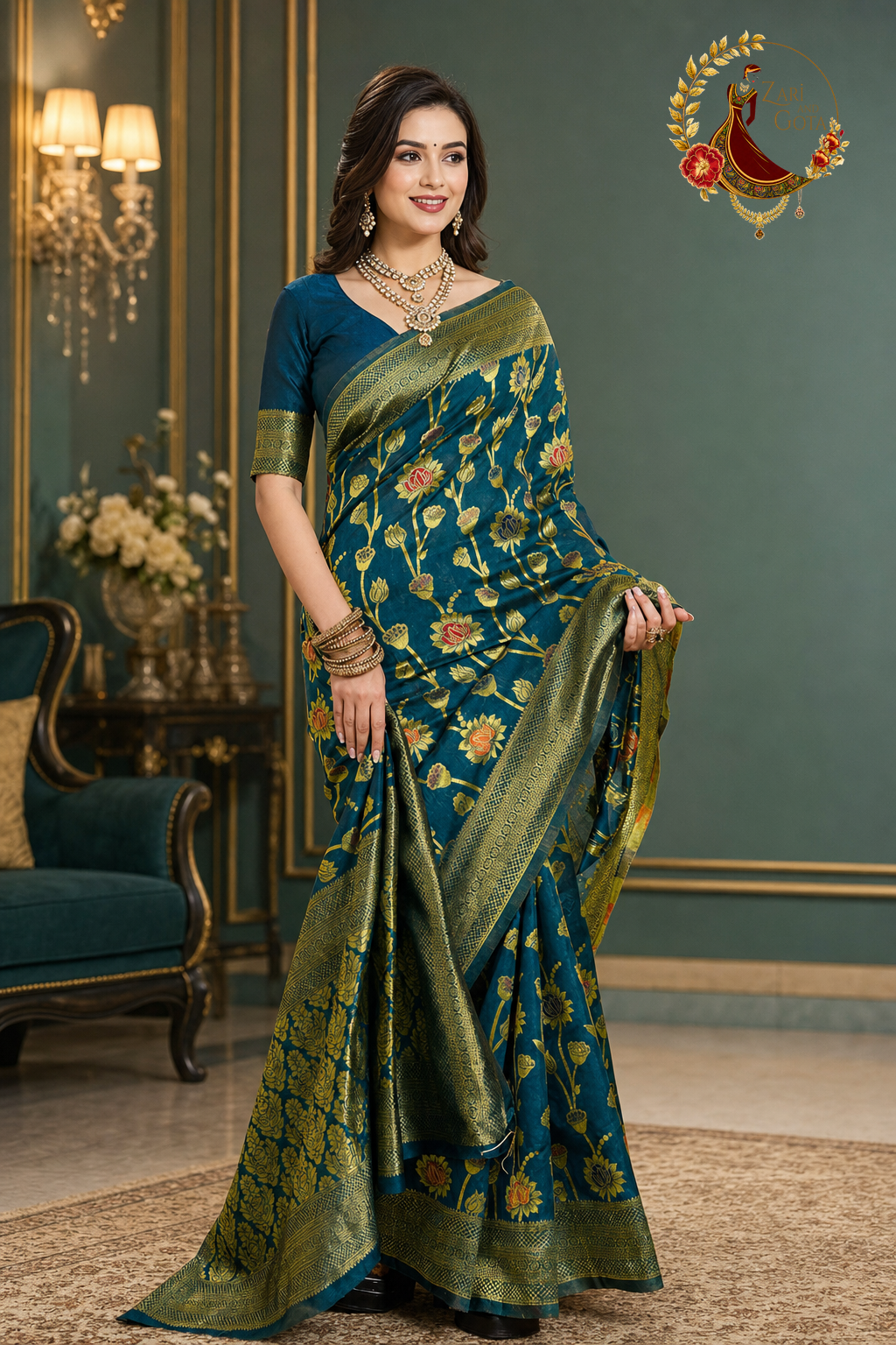 Peacock teal saree with the gold zari pallu panel held out