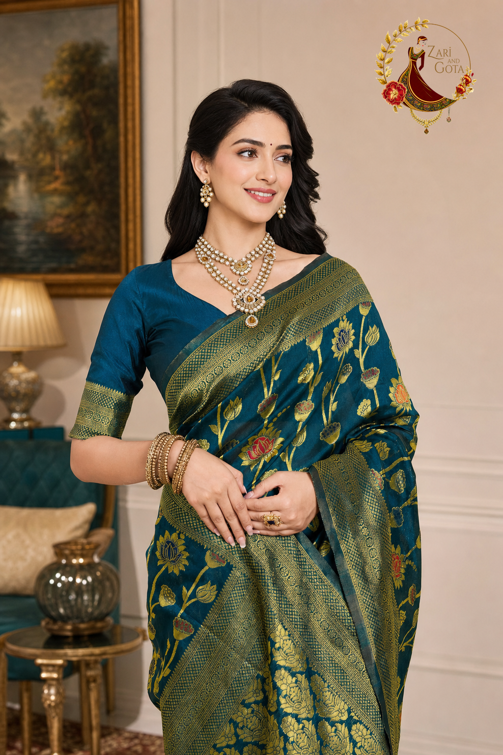 Close view of the woven gold zari lotus and poppy motifs on teal