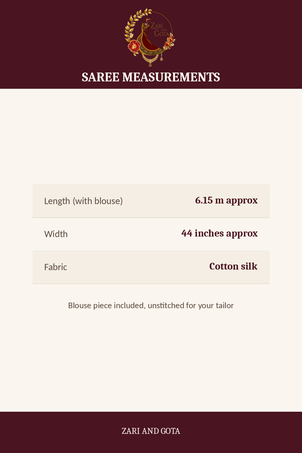 Size chart for the peacock teal cotton silk saree: 6.15 m length, 44 inch width