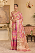 Pink and gold leheriya tissue cotton saree with zari brocade pallu, worn by a model