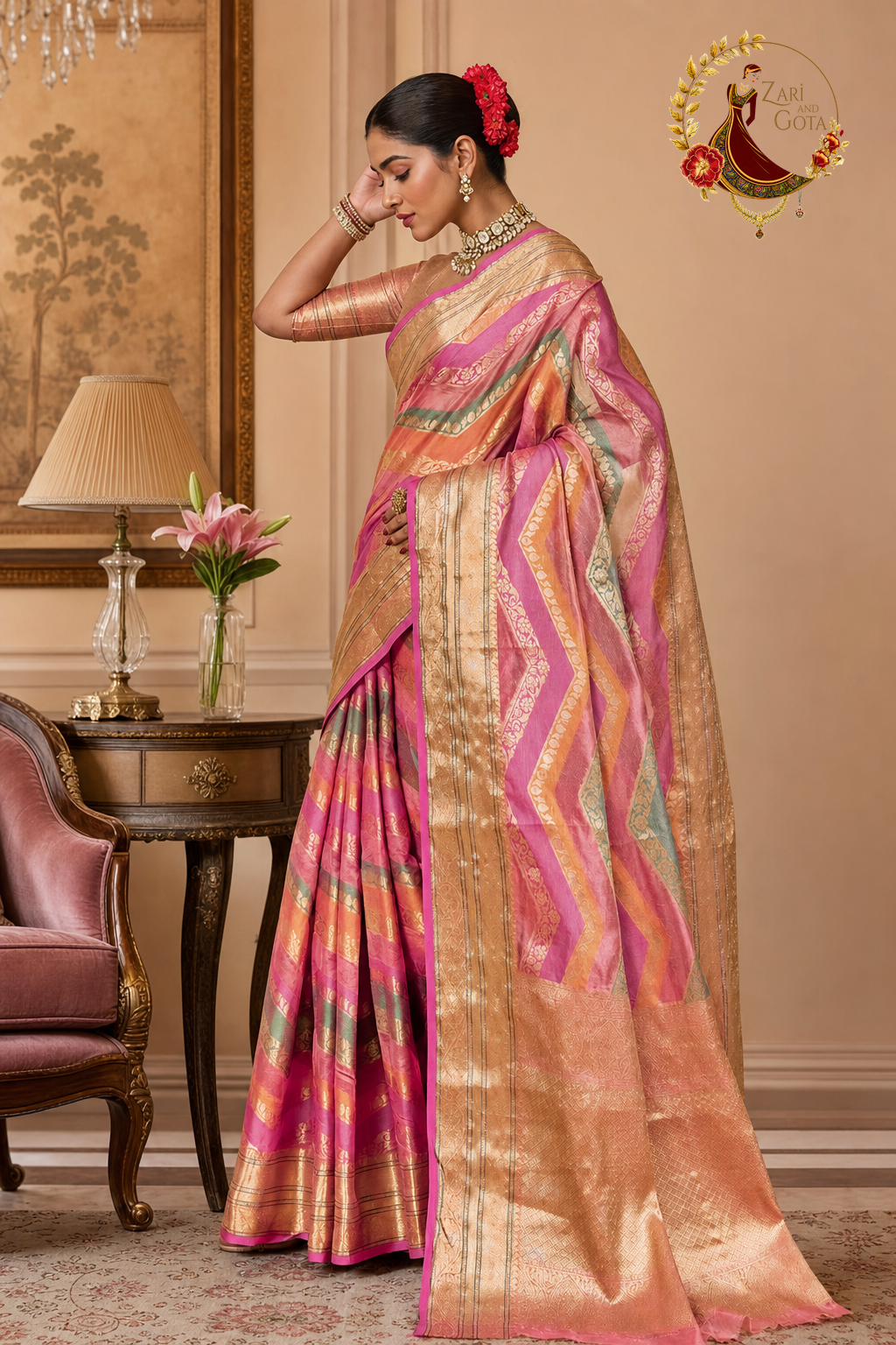 Side view of multicoloured leheriya tissue cotton saree showing gold brocade pallu