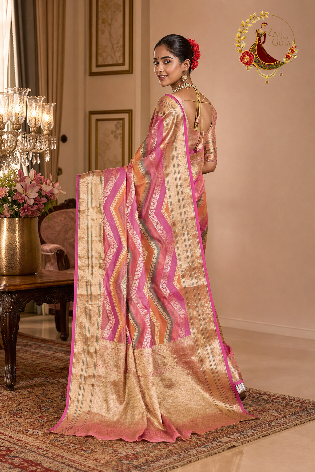 Back view of leheriya tissue cotton saree showing the full brocade pallu