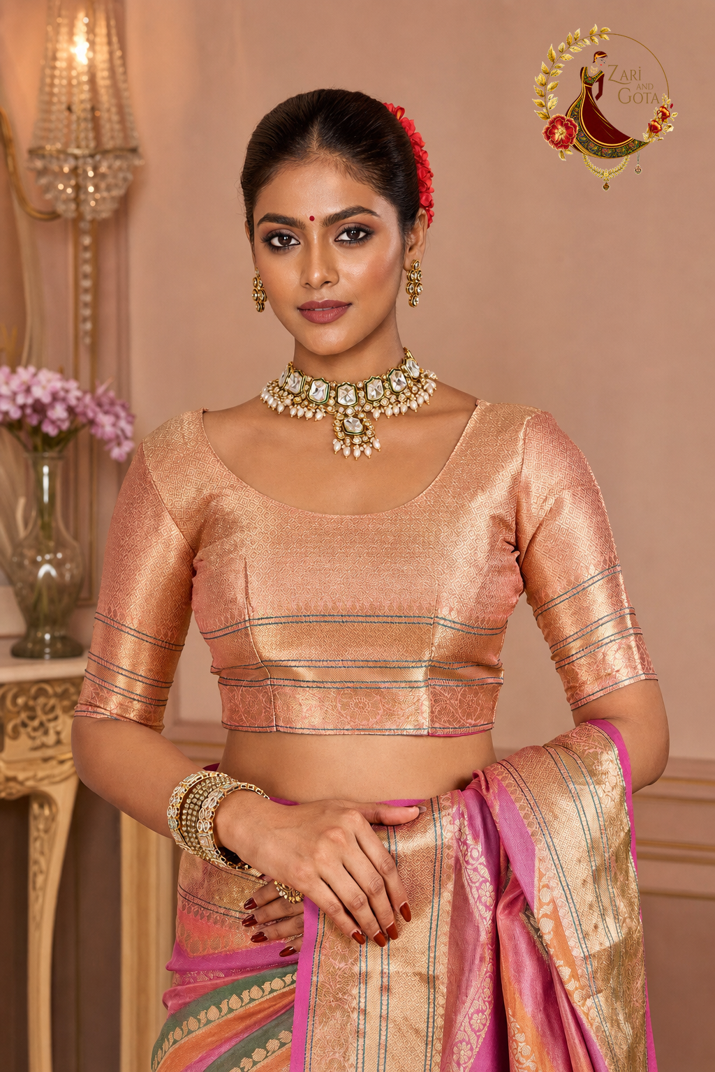 Detail of gold zari brocade blouse supplied with the leheriya tissue cotton saree