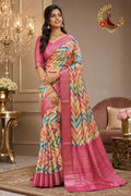 Multicoloured chevron print tissue saree with rose pink zari border, worn by a model