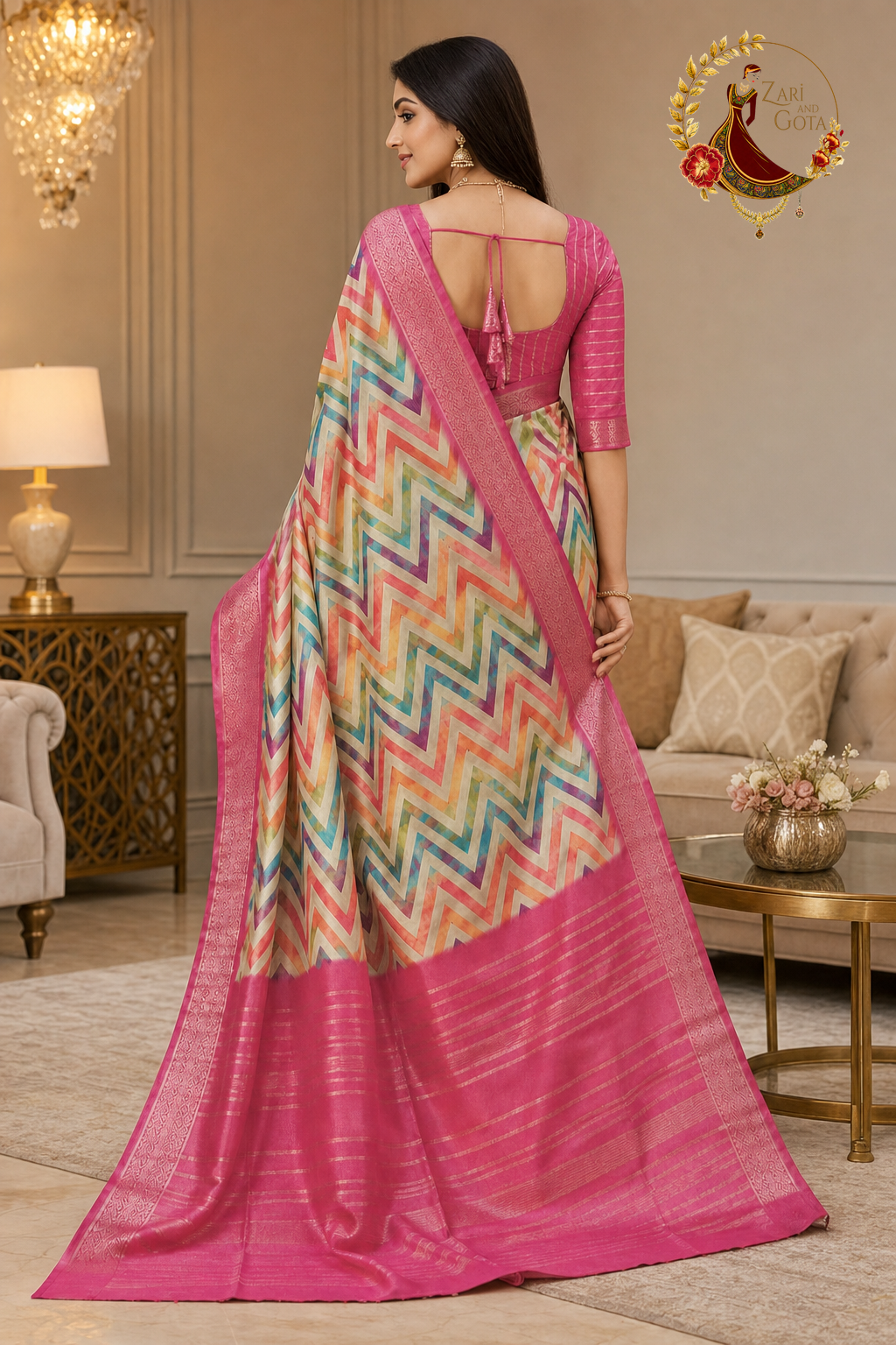 Back view of multicoloured chevron tissue saree showing the draped pallu