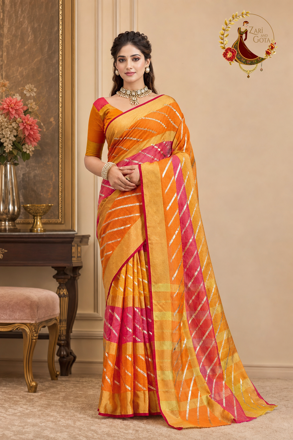 Marigold and pink kota doria saree with diagonal stripes and foil print, worn by a model