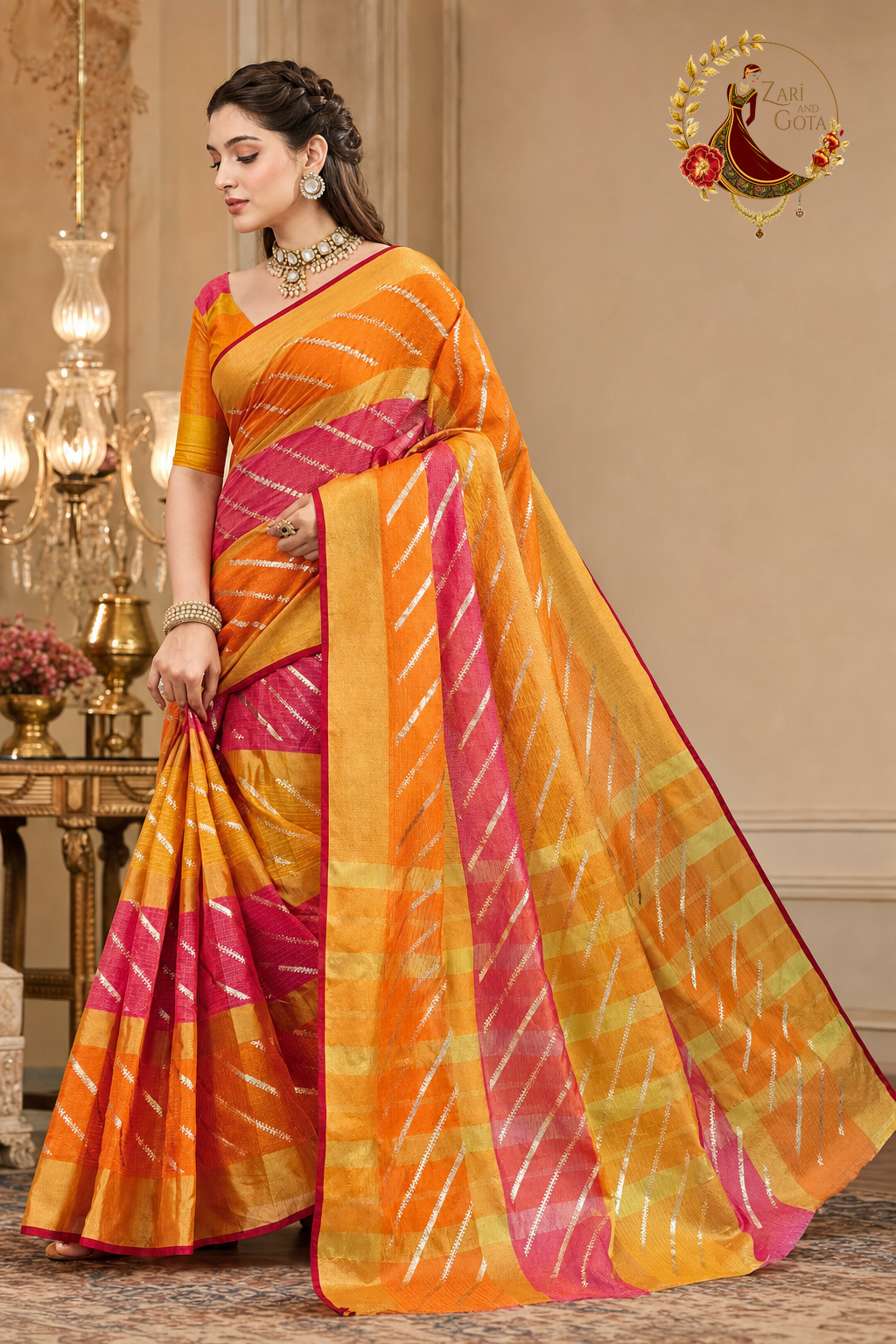 Side view of the marigold kota doria saree showing the rani pink border