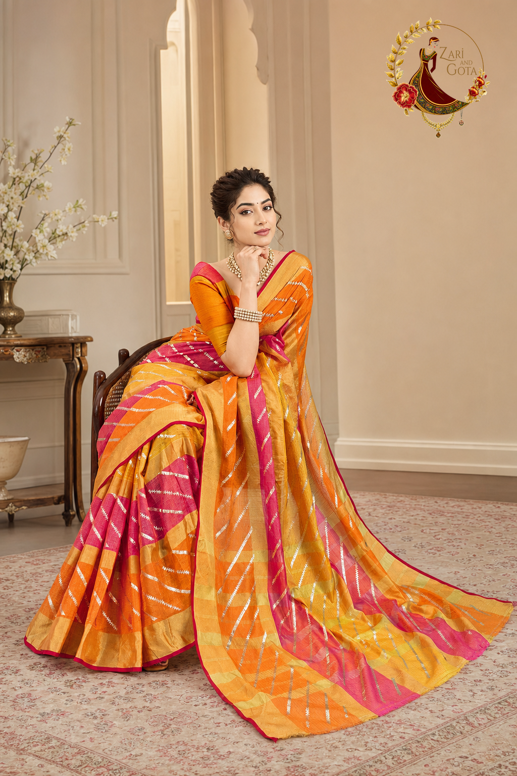 Marigold and pink striped kota doria saree with the pallu spread out
