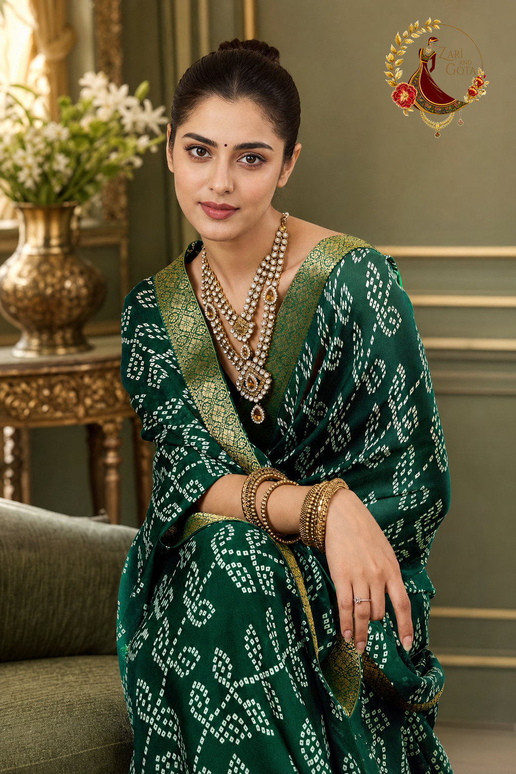 Close view of the ivory dot diamonds and chevrons on bottle green chiffon