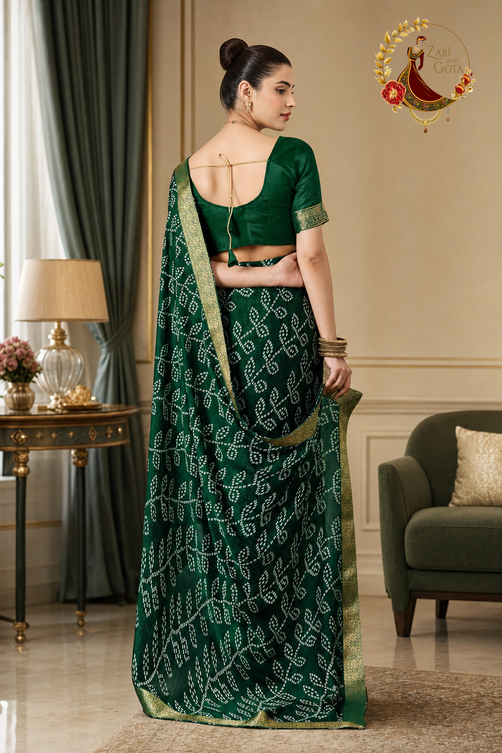 Back view of the bottle green bandhani saree and its matching blouse