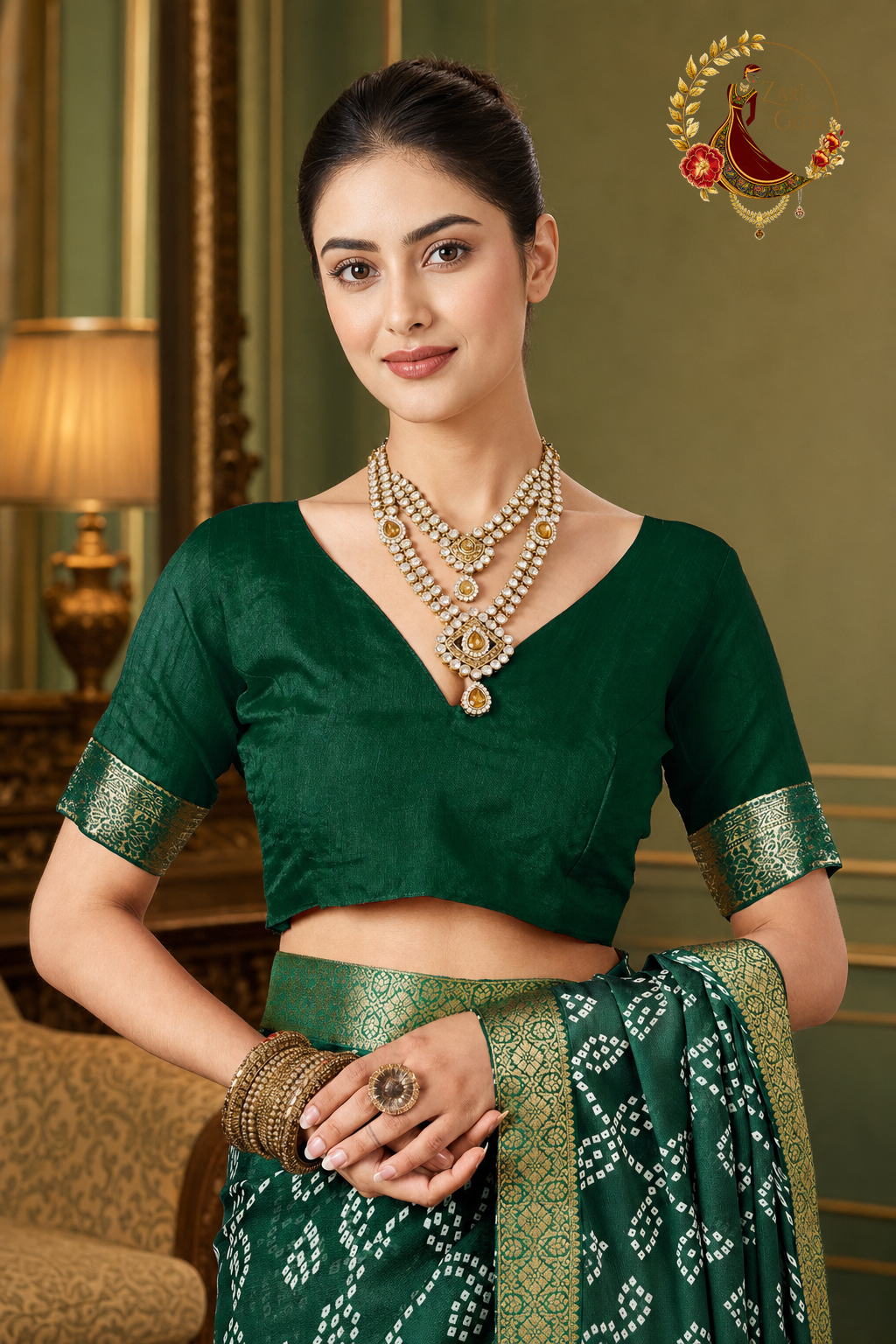 Detail of the bottle green blouse with broad gold zari band