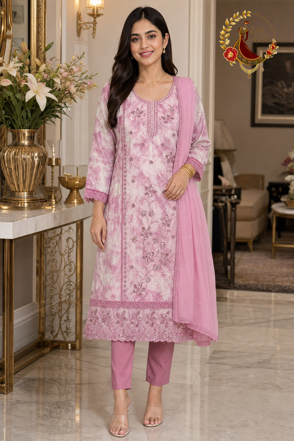 Pink and white tie-dye cotton unstitched suit set with sequin embroidered front panel, crochet lace trims and pink chiffon dupatta, worn by a model, Zari and Gota UK