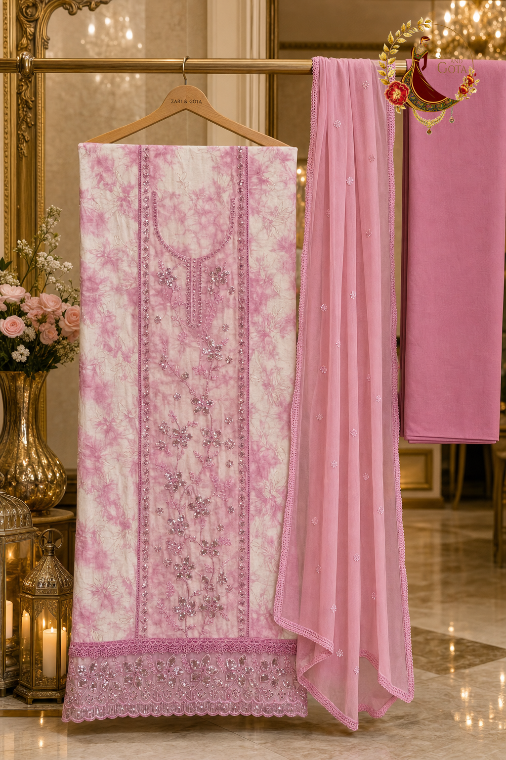 Unstitched pink and white cotton sequin embroidered suit set components displayed on a hanger: shirt fabric, chiffon dupatta and bottom