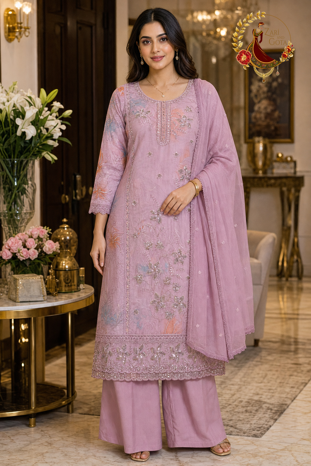 Mauve pink cotton unstitched suit set with lily print, champagne sequin embroidered front panel and chiffon dupatta, worn by a model with palazzo, Zari and Gota UK