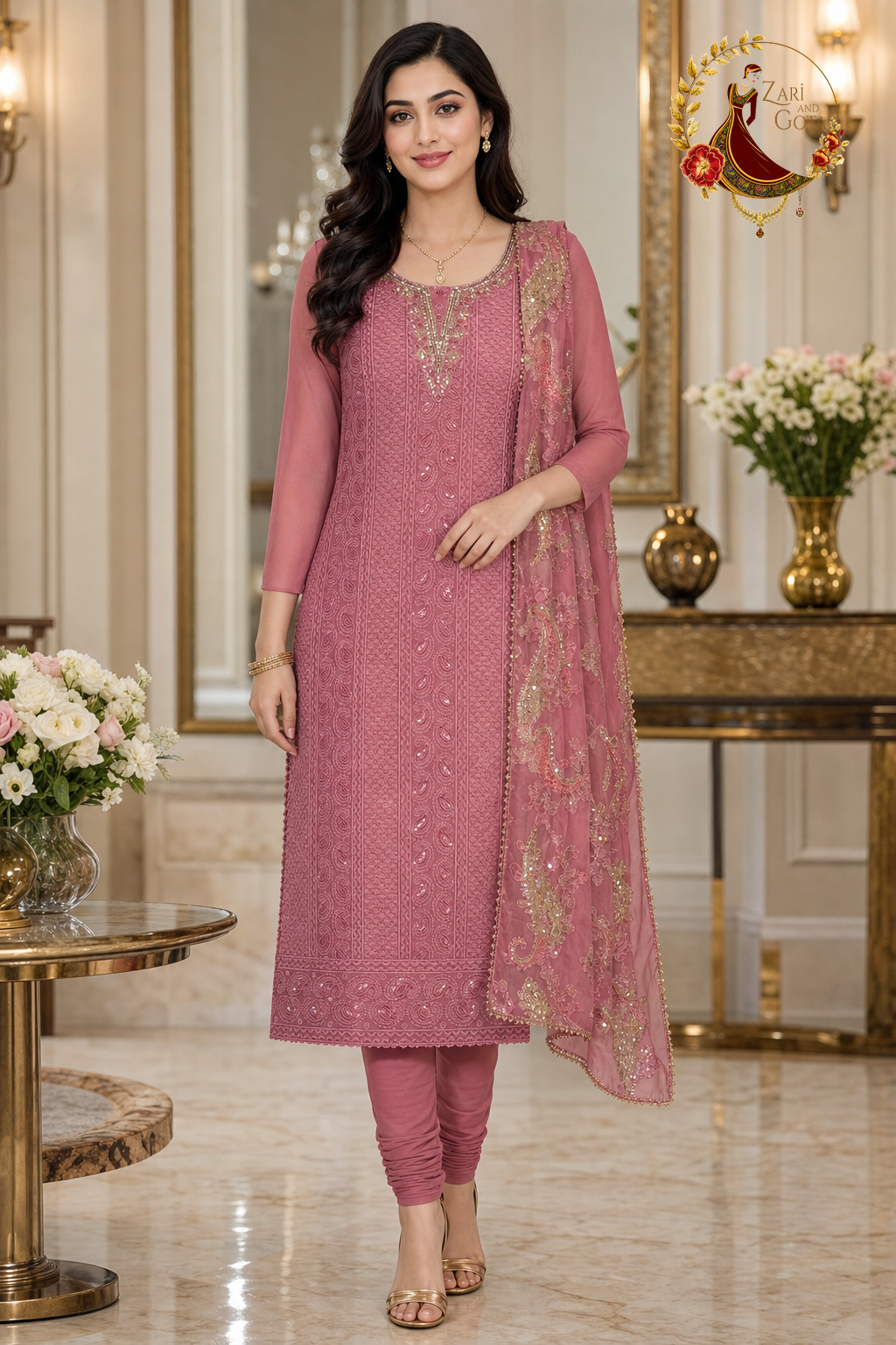 Onion pink georgette unstitched suit set with all-over Lucknowi chikankari, gold zari neckline and gold paisley brasso dupatta, worn by a model with churidar, Zari and Gota UK