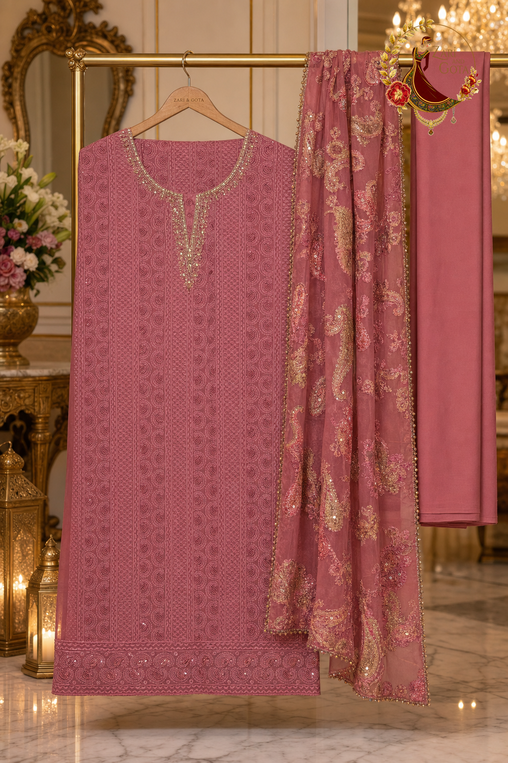 Unstitched onion pink georgette chikankari suit set components displayed on a hanger: shirt fabric, brasso dupatta and bottom