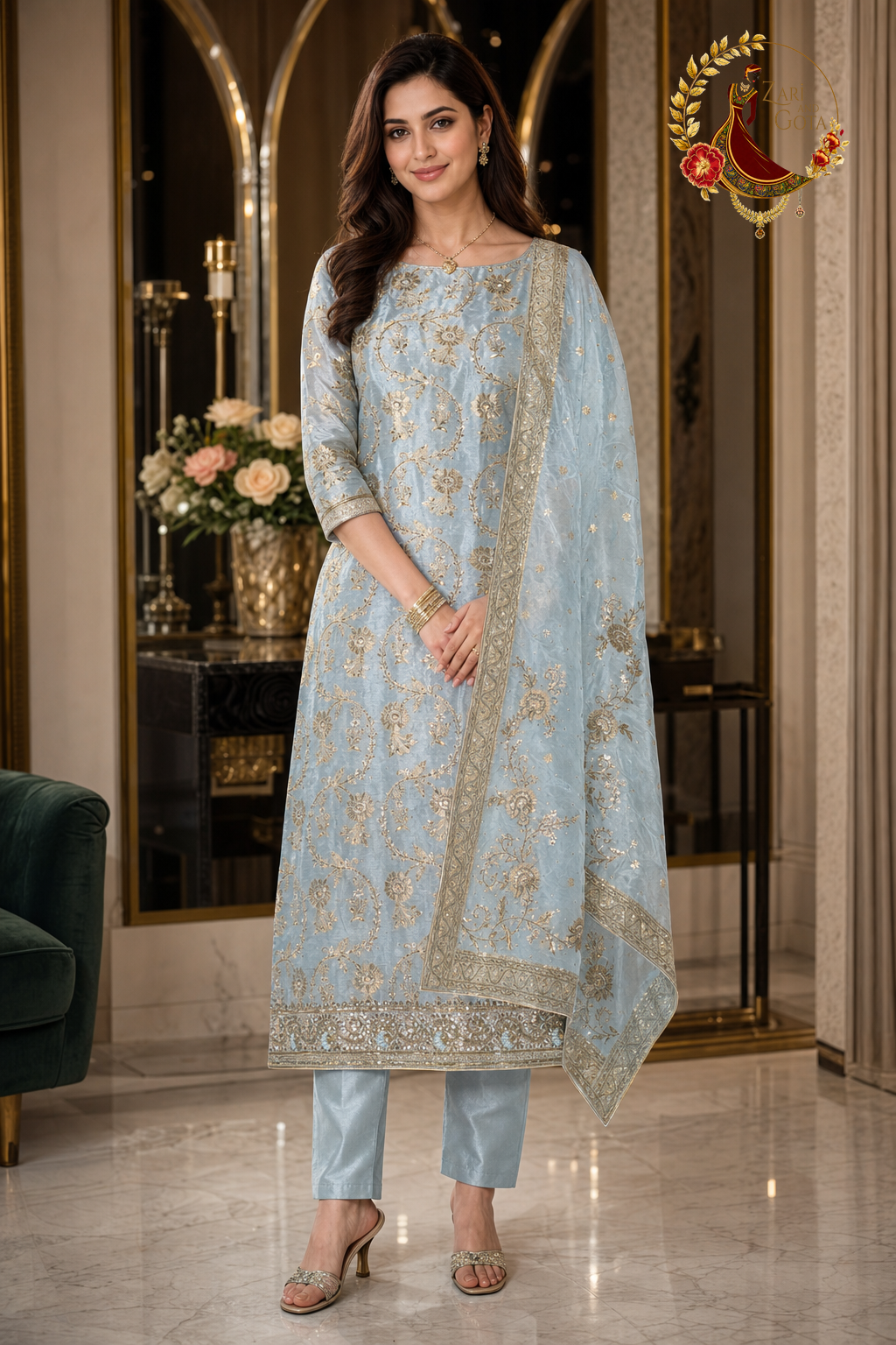 Sky blue Banarasi silk unstitched suit set with all-over gold zari jaal, cutdana hem band and gold-bordered dupatta, worn by a model, Zari and Gota UK