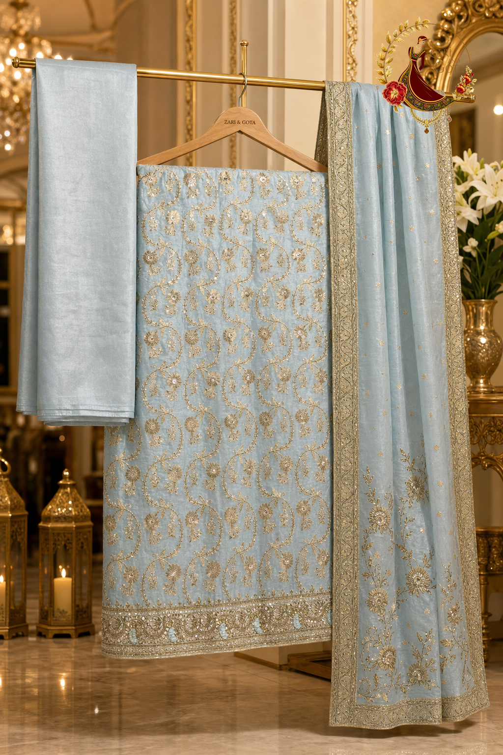 Unstitched sky blue Banarasi silk zari jaal suit set components displayed on a hanger: shirt fabric, bordered dupatta and bottom