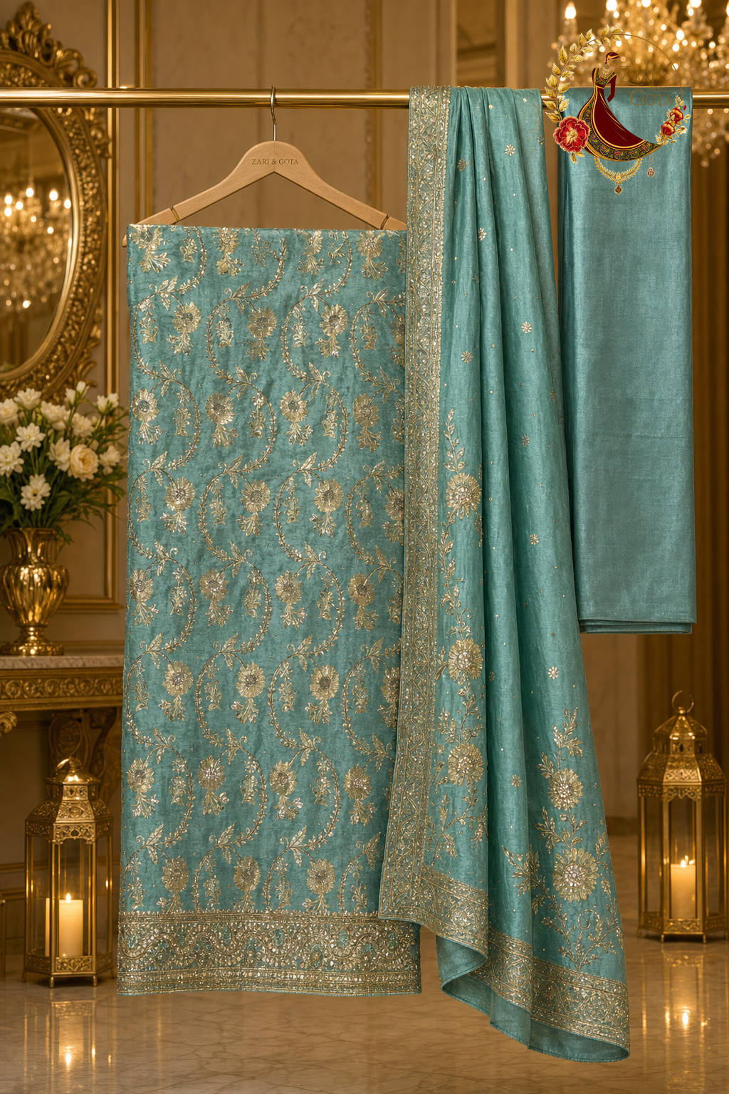 Unstitched turquoise green Banarasi silk zari jaal suit set components displayed on a hanger: shirt fabric, bordered dupatta and bottom