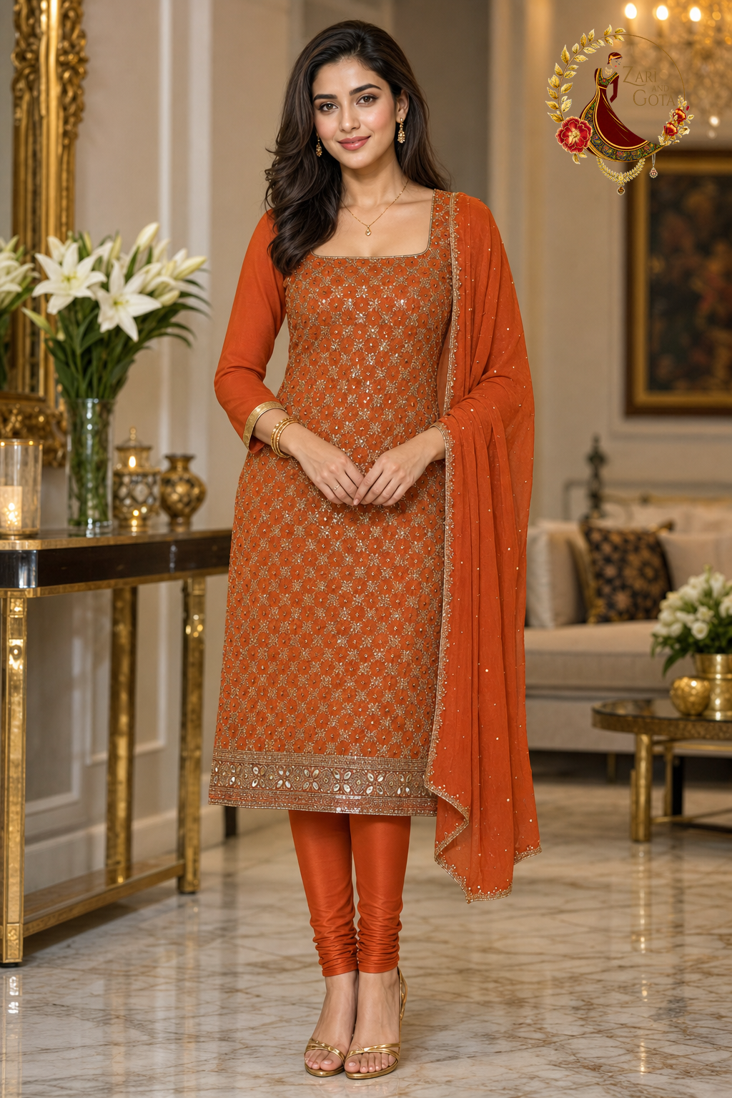 Burnt orange georgette unstitched suit set with all-over gold zari trellis, beaded mirror hem band and sequin-dot dupatta, worn by a model with churidar, Zari and Gota UK
