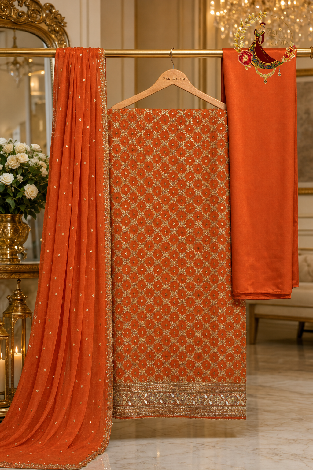 Unstitched orange georgette zari trellis suit set components displayed on a hanger: shirt fabric, sequinned dupatta and bottom
