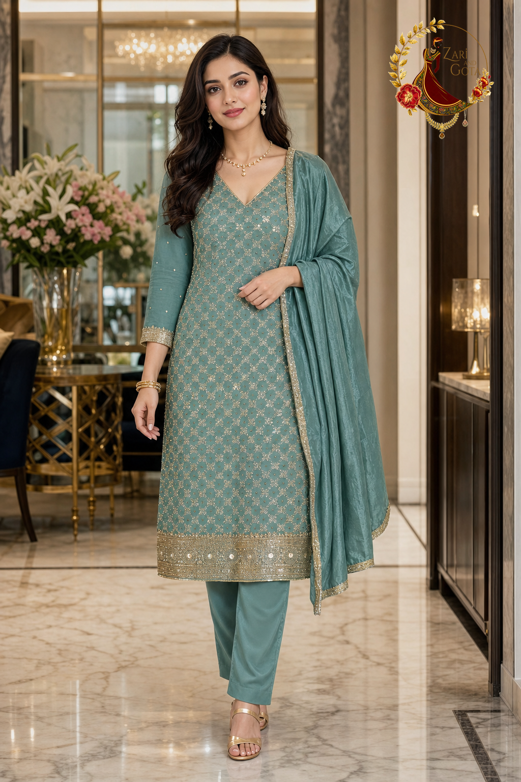 Turquoise green crepe silk unstitched suit set with all-over gold zari trellis, beaded mirror hem band and gold-bordered tabby silk dupatta, worn by a model, Zari and Gota UK