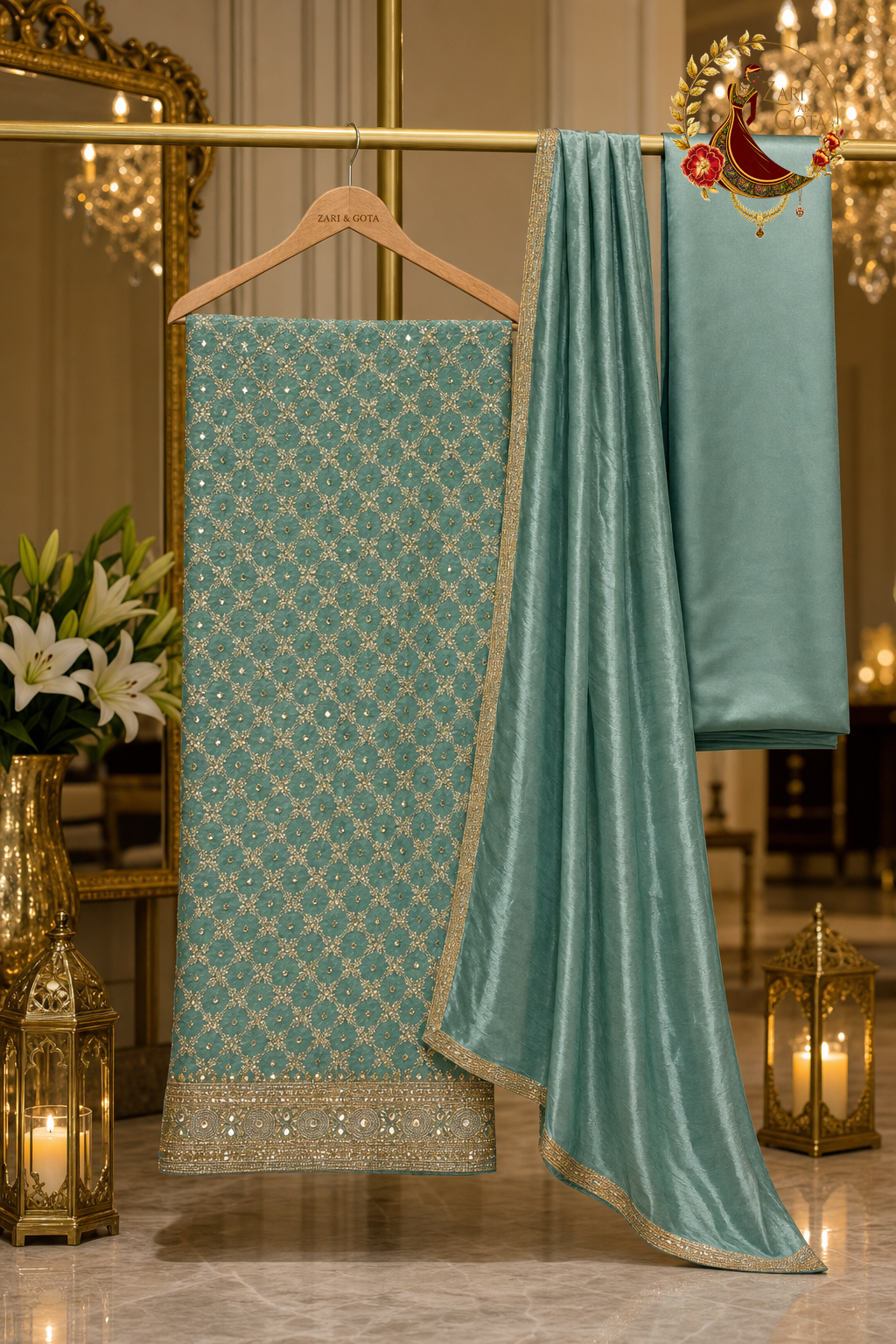 Unstitched turquoise green crepe silk zari trellis suit set components displayed on a hanger: shirt fabric, tabby silk dupatta and bottom