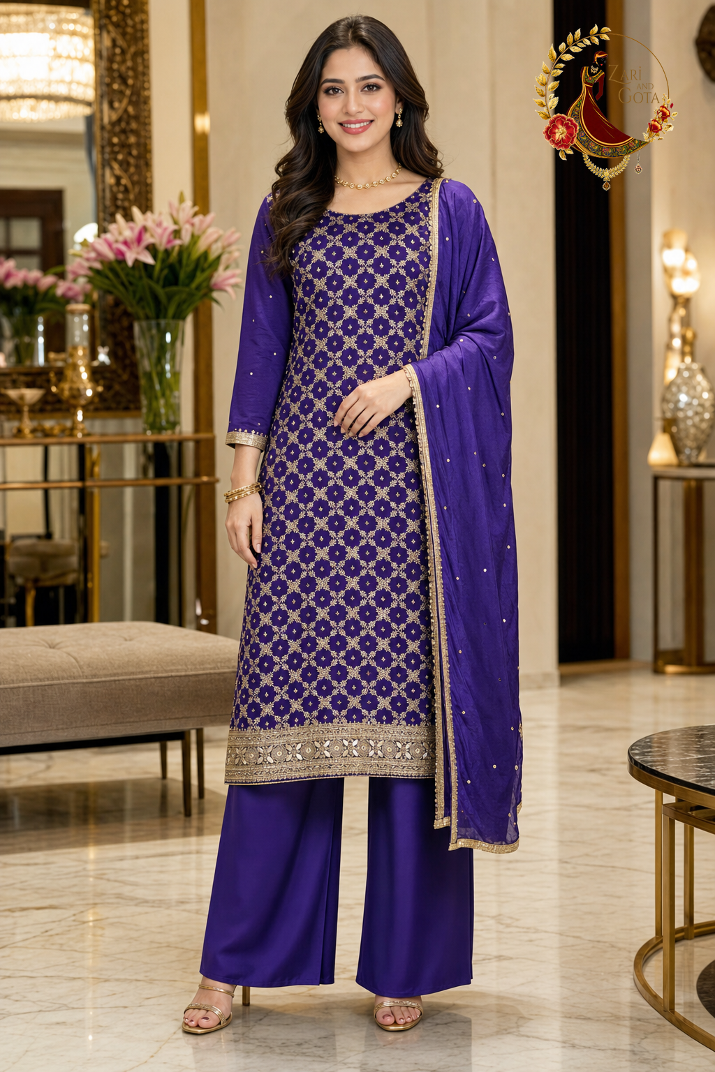 Royal purple crepe silk unstitched suit set with all-over gold zari trellis, beaded mirror hem band and gold-bordered tabby silk dupatta, worn by a model with palazzo, Zari and Gota UK