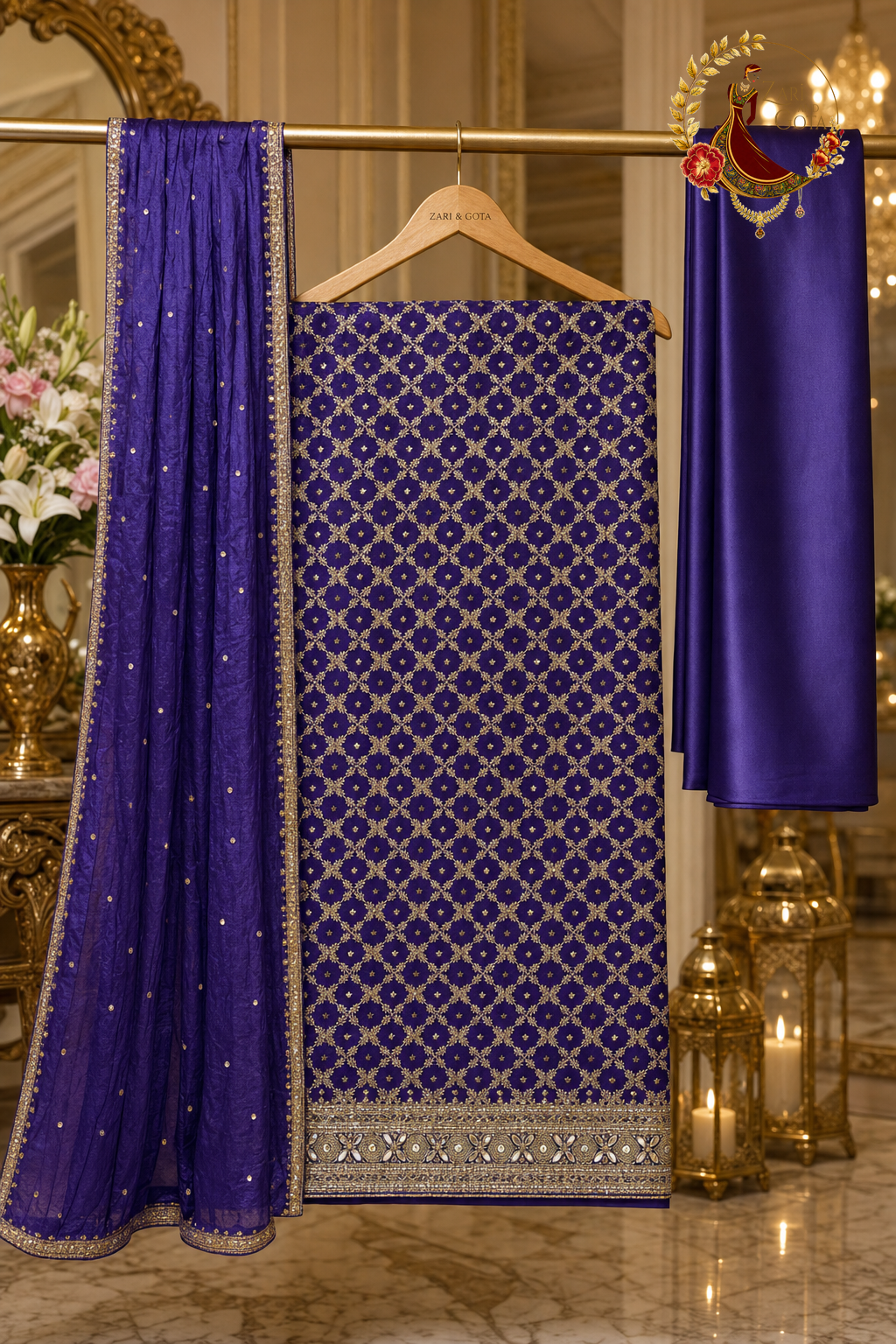 Unstitched purple crepe silk zari trellis suit set components displayed on a hanger: shirt fabric, tabby silk dupatta and bottom