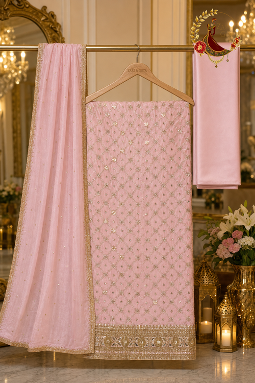 Unstitched baby pink crepe silk zari trellis suit set components displayed on a hanger: shirt fabric, tabby silk dupatta and bottom