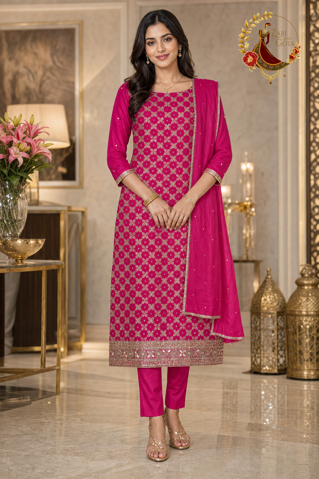 Rani pink crepe silk unstitched suit set with all-over gold zari trellis, beaded mirror hem band and gold-bordered tabby silk dupatta, worn by a model, Zari and Gota UK