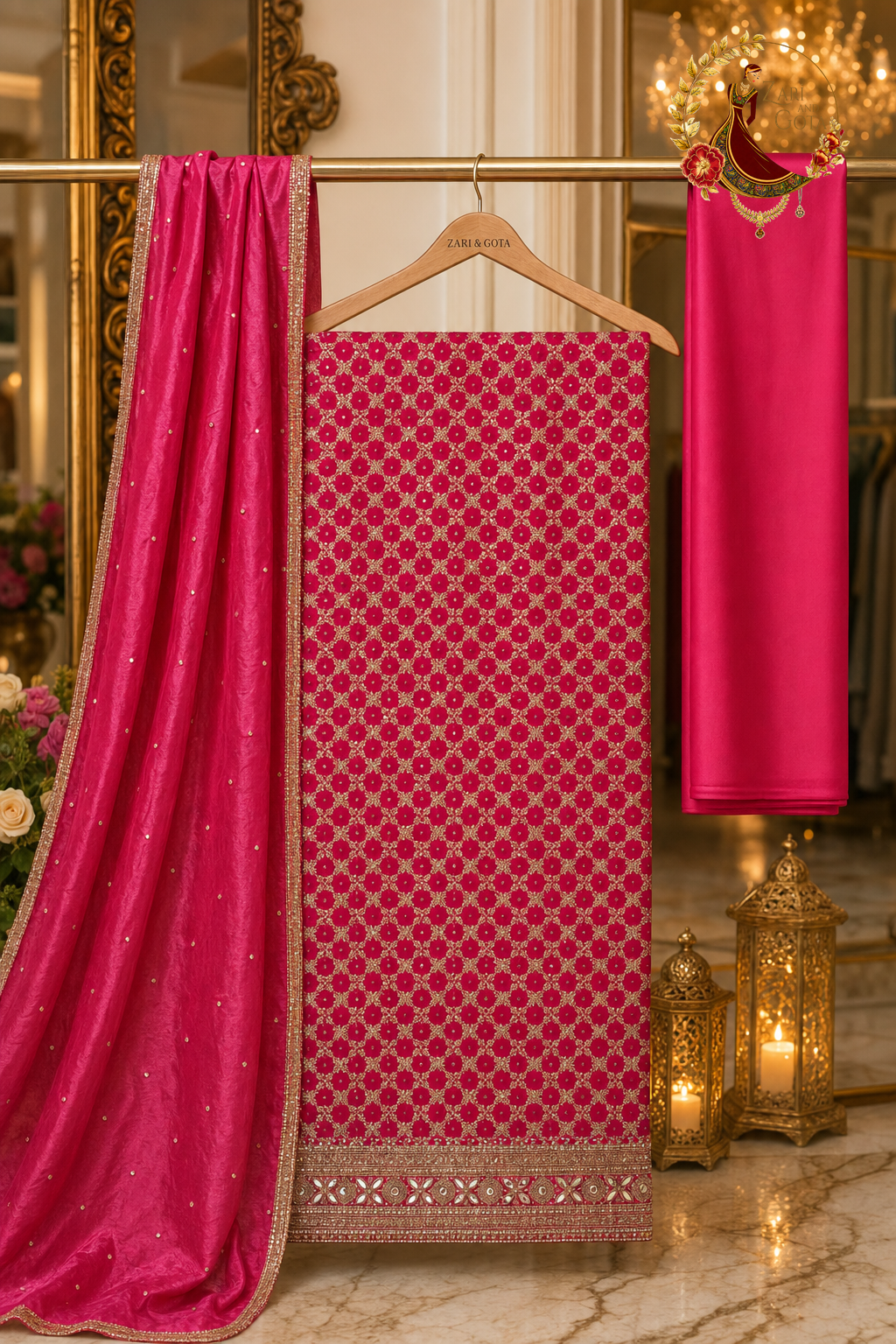 Unstitched rani pink crepe silk zari trellis suit set components displayed on a hanger: shirt fabric, tabby silk dupatta and bottom