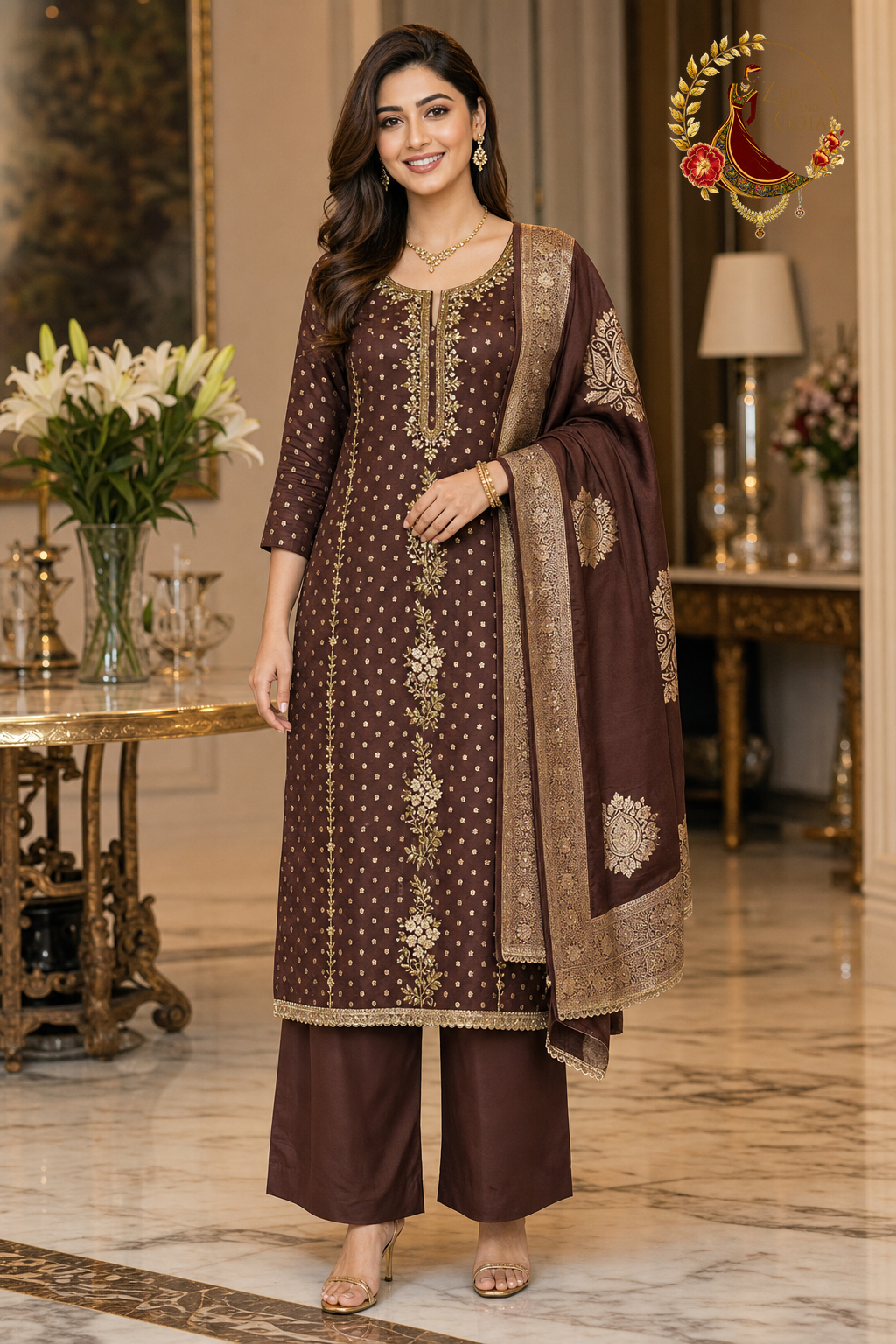Dark chocolate Banarasi silk unstitched suit set with gold butis, pearl and cutdana handwork and gold-bordered Banarasi dupatta, worn by a model with palazzo, Zari and Gota UK