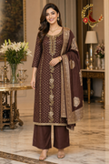 Dark chocolate Banarasi silk unstitched suit set with gold butis, pearl and cutdana handwork and gold-bordered Banarasi dupatta, worn by a model with palazzo, Zari and Gota UK