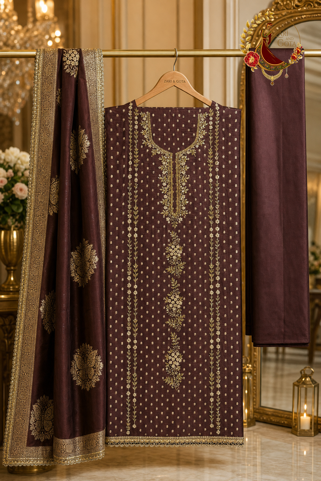 Unstitched dark chocolate Banarasi silk pearl and cutdana suit set components displayed on a hanger: shirt fabric, Banarasi dupatta and bottom