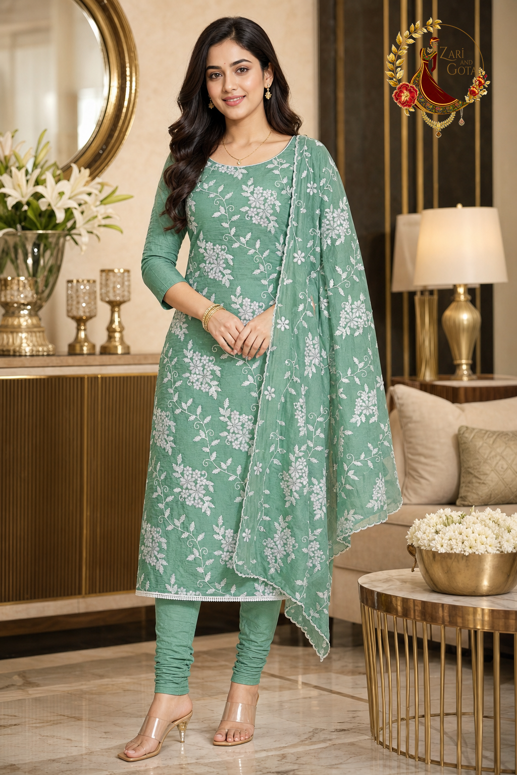 Rama green crushed cotton unstitched suit set with all-over white thread floral embroidery and embroidered kota dupatta, worn by a model with churidar, Zari and Gota UK