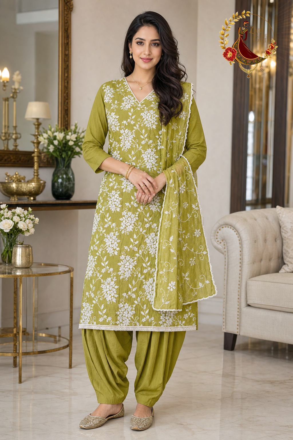 Olive green crushed cotton unstitched suit set with all-over white thread floral embroidery and embroidered cotton dupatta, worn by a model with Punjabi salwar, Zari and Gota UK