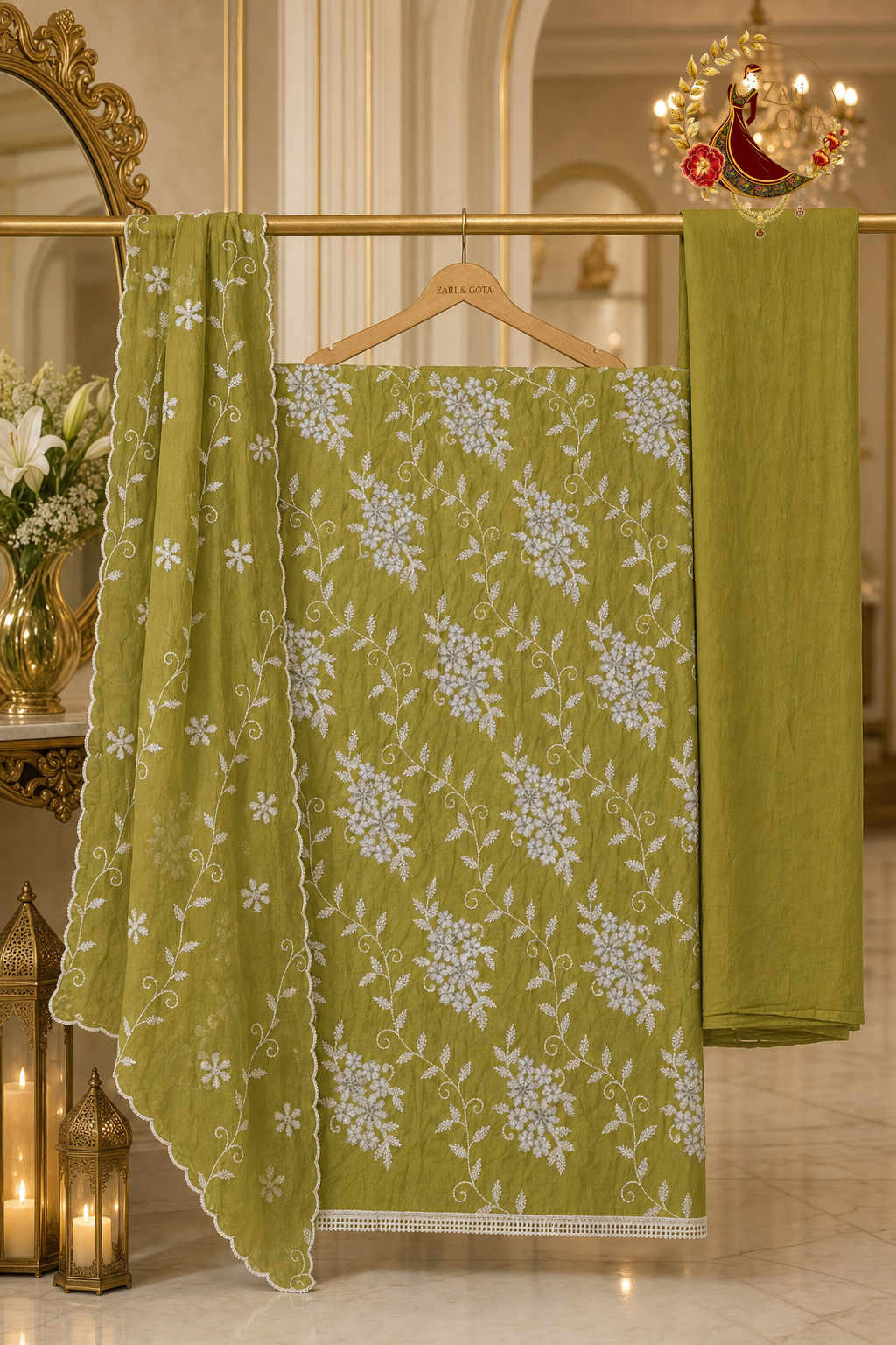 Unstitched olive green crushed cotton white thread embroidered suit set components displayed on a hanger: shirt fabric, cotton dupatta and bottom