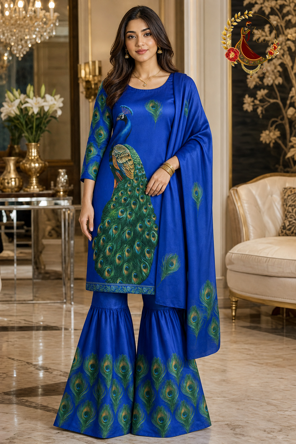 Peacock blue satin unstitched suit set with large digital peacock print, feather-print sleeves and feather-bordered sharara, worn by a model, Zari and Gota UK