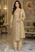 Golden kheen khaab paisley unstitched suit set with cutdana-embellished straight trousers and bead-edged crepe silk dupatta, worn by a model, Zari and Gota UK