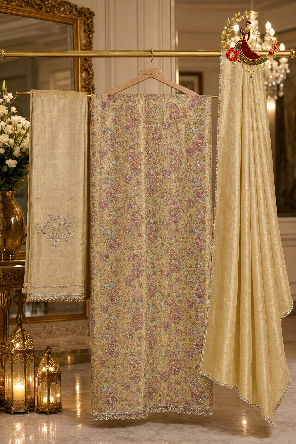 Unstitched golden kheen khaab paisley suit set components displayed on a hanger: shirt fabric, crepe silk dupatta and cutdana-embellished bottom
