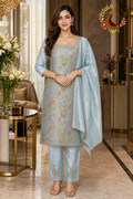 Pastel blue kheen khaab paisley unstitched suit set with cutdana-embellished straight trousers and bead-edged crepe silk dupatta, worn by a model, Zari and Gota UK