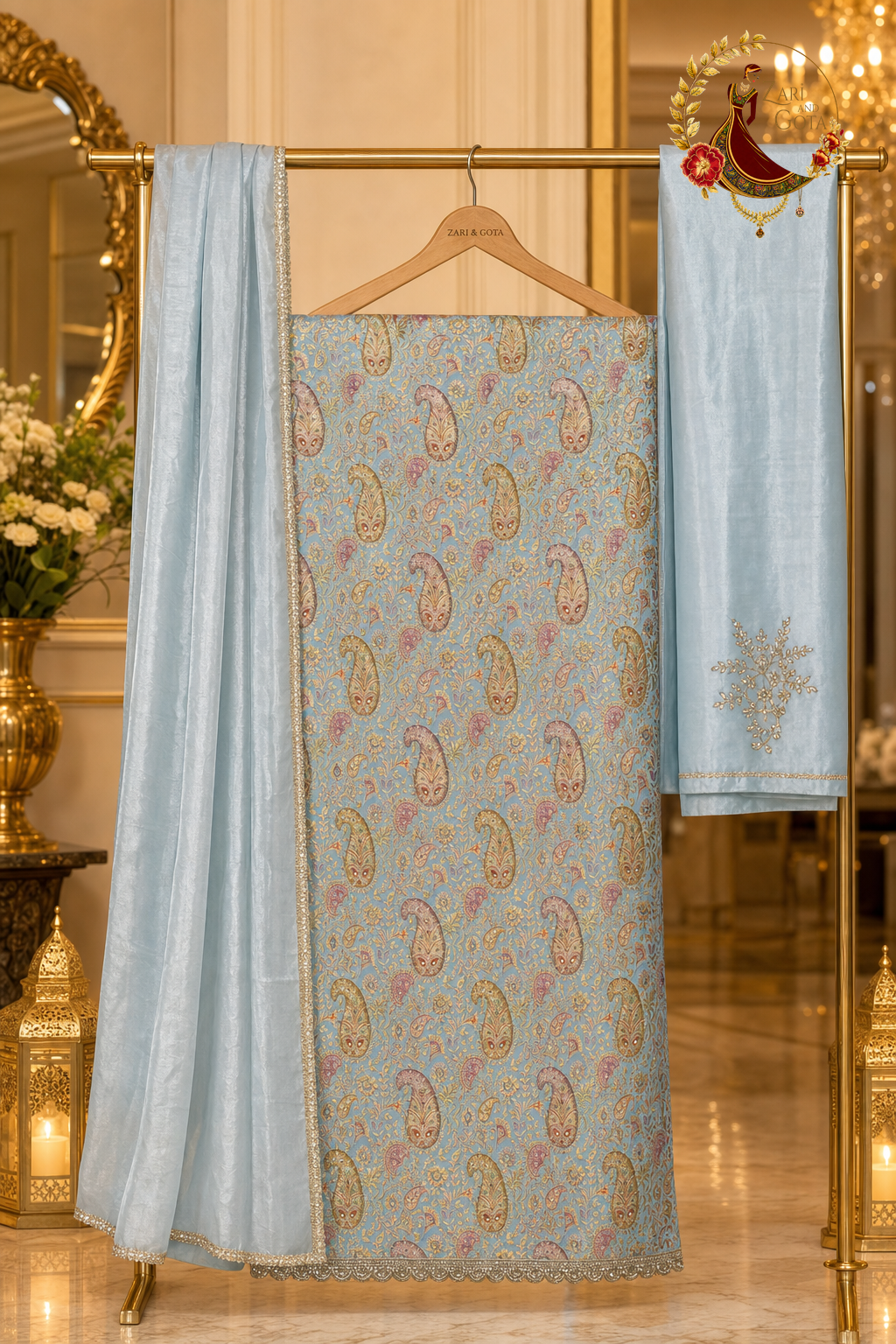 Unstitched pastel blue kheen khaab paisley suit set components displayed on a hanger: shirt fabric, crepe silk dupatta and cutdana-embellished bottom