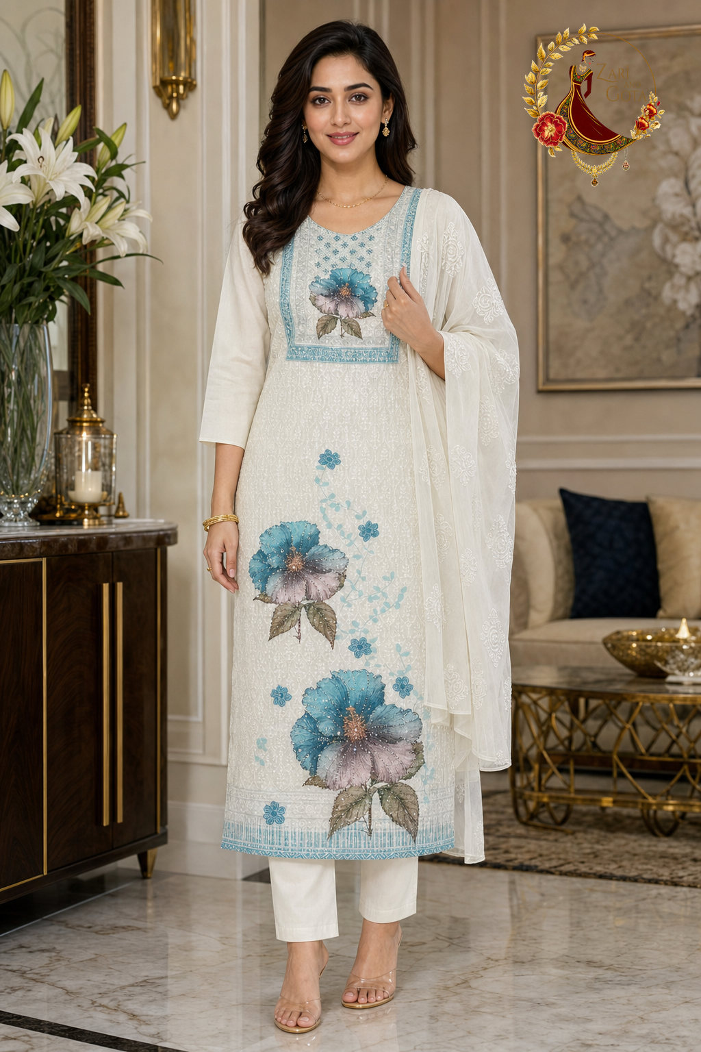 Ivory chikankari cotton unstitched suit set with firozi blue printed yoke and flowers and white chiffon dupatta, worn by a model with straight trousers, Zari and Gota UK