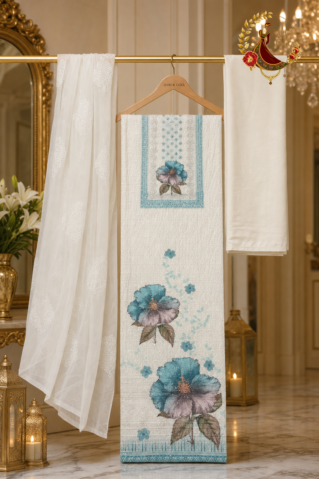 Unstitched firozi blue and ivory chikankari floral print cotton suit set components displayed on a hanger: shirt fabric, chiffon dupatta and bottom