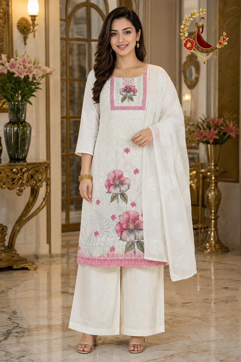 Ivory chikankari cotton unstitched suit set with rose pink printed yoke and flowers and white chiffon dupatta, worn by a model with palazzo, Zari and Gota UK