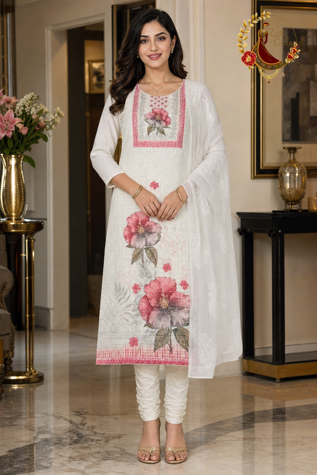 Ivory chikankari cotton unstitched suit set with peachy pink printed yoke and flowers and white chiffon dupatta, worn by a model with churidar, Zari and Gota UK