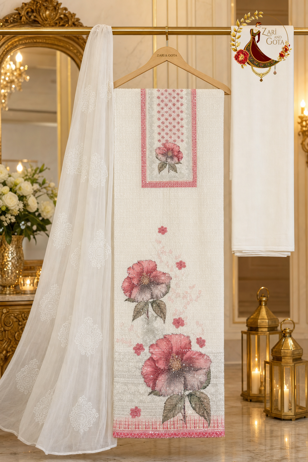 Unstitched peachy pink and ivory chikankari floral print cotton suit set components displayed on a hanger: shirt fabric, chiffon dupatta and bottom
