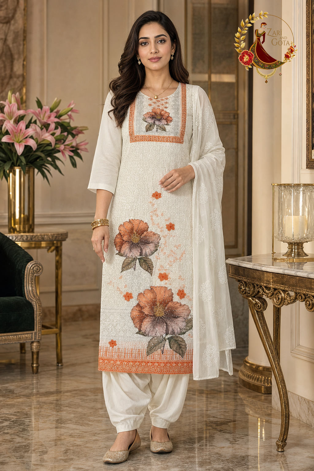 Ivory chikankari cotton unstitched suit set with burnt orange printed yoke and flowers and white chiffon dupatta, worn by a model with Punjabi salwar, Zari and Gota UK