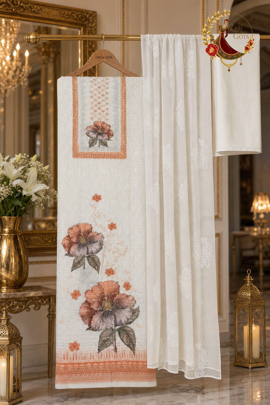 Unstitched burnt orange and ivory chikankari floral print cotton suit set components displayed on a hanger: shirt fabric, chiffon dupatta and bottom